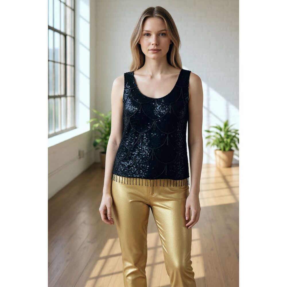 Vtg 60s Black Sequin Beaded Fringe Tank Top Hong Kong Size S